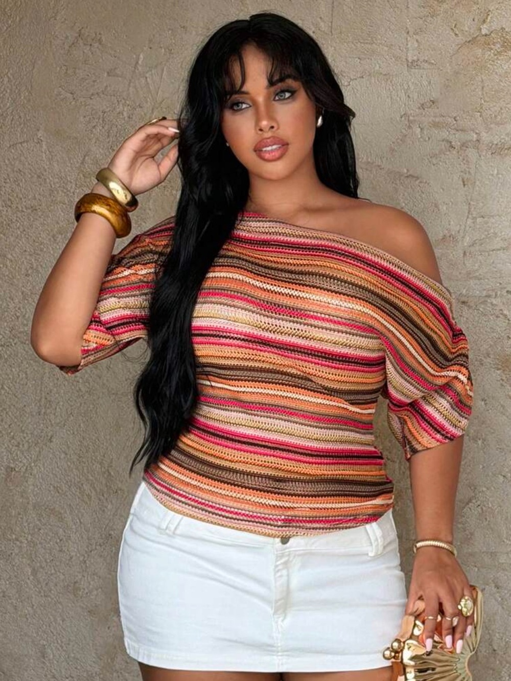 Rustia Plus Size Colorful Striped Knit Sleeveless Top, Elegant Vintage